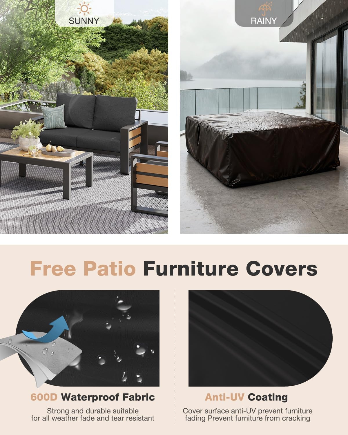Aoxun Aluminum Patio Furniture Set, 4 Piece Luxury Outdoor Sectional with 6' Olefin Fabric Cushions, Patio Conversation Sets with Coffee Table and Waterproof Cover for Backyard, Porch Dark Grey