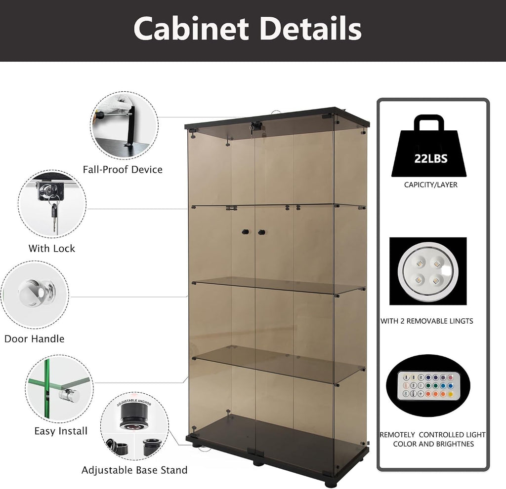 Glass Display Cabinet with Lights and Lock, 4-Tier Display Case Curio Cabinet with Glass Door, Floor Standing Showcase for Living Room Bedroom Home Office 31' W x 14.3' D x 64.5' H