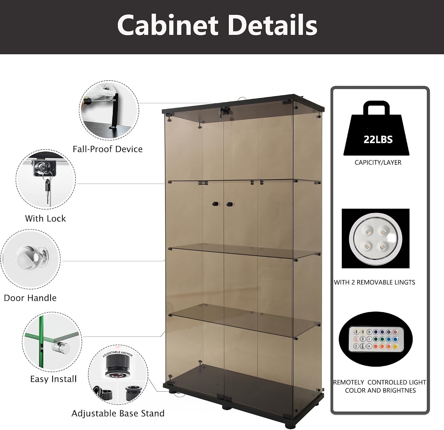 Glass Display Cabinet with Lights and Lock, 4-Tier Display Case Curio Cabinet with Glass Door, Floor Standing Showcase for Living Room Bedroom Home Office 31' W x 14.3' D x 64.5' H