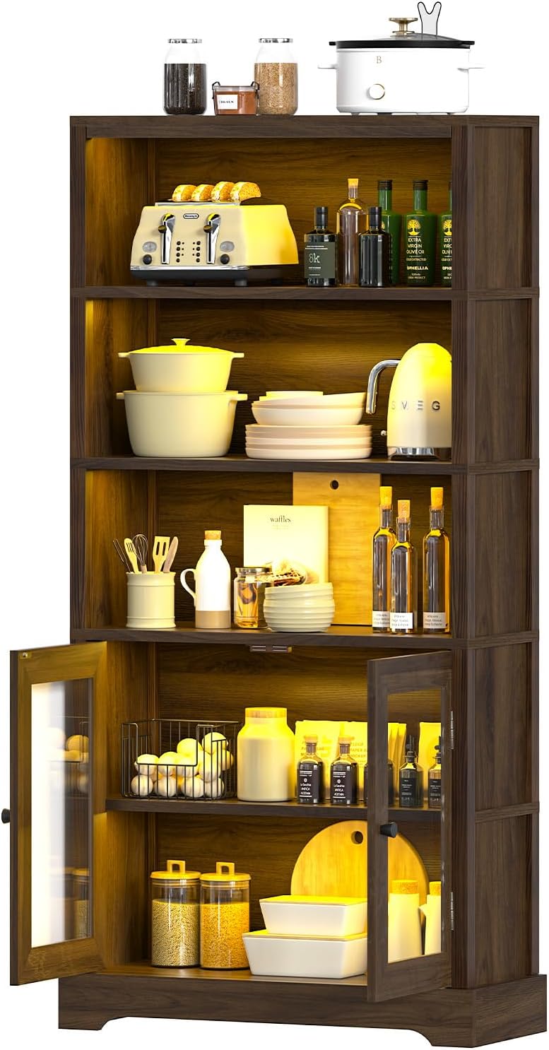 TVU 5-Tier Bookshelf, 65' Bookshelf with Multi-Color Ambient Lights (APP Remote Control), Tall Display Shelf with Cabinet Doors, Suitable for Living Room, Bedroom, Study, Office, Rustic Brown