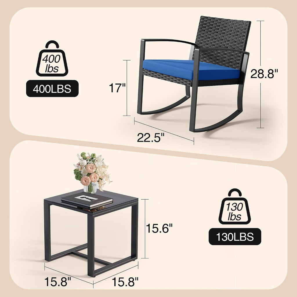 Qsun 3 Piece Patio Bistro Set Patio Furniture Set Outdoor Wicker Rocking Furniture Conversation Set with Tempered Glass Coffee Table for for Front Porch Balcony and Deck (Blue Cushion)