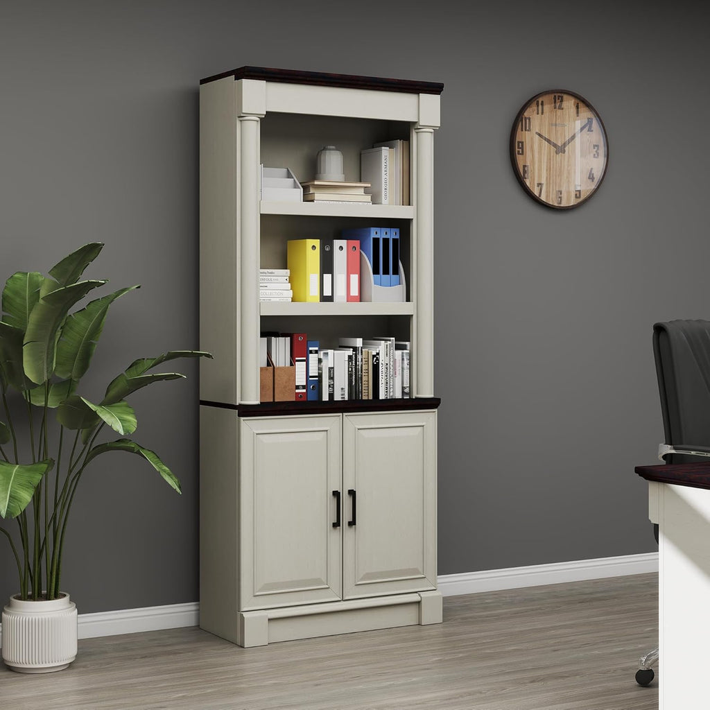 72' Roman Column Bookcase with Double Door Cabinet, 5 Tiers Tall Bookshelf Shelves Storage and Anti Tip Kit, Classic American European Modern Multi Style Design for Living Room Study Office, White