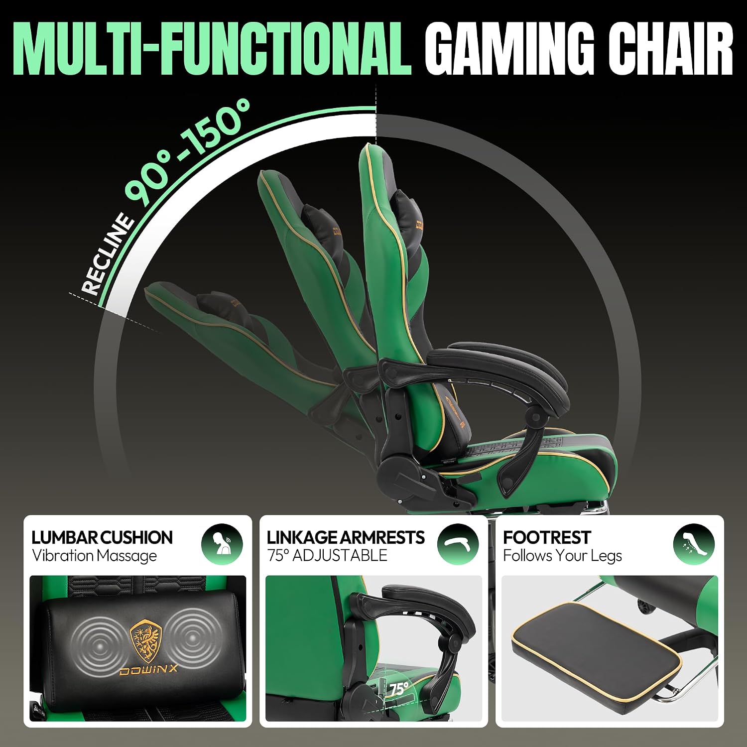 Dowinx Big and Tall Gaming Chair 350LBS, Racing Style Ergonomic Computer Chair with Side-Mounted Recline Control, Footrest & Massage Lumbar, High Back Chair with Embroidered Design for Work, Green