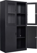 SISESOL Display Cabinet with Glass Doors and Lock,Black Metal Storage Cabinet,Freestanding Locking Kitchen Pantry Cabinets with Doors and Shelves for Home Office,Pantry,Kitchen Bathroom