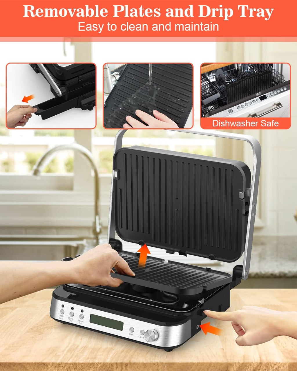 CATTLEMAN Panini Press Grill Sandwich Maker with Removable Plates, 1600W, 5 in 1 Smokeless Indoor Grill & Griddle with Meat Thermometer, Electric Contact Grills for Kitchen, Stainless Steel