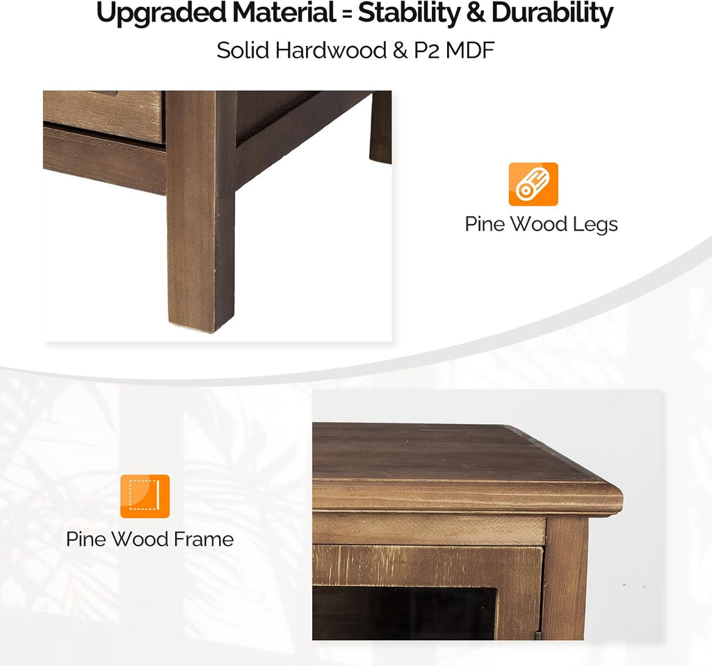 VINGLI Rustic Storage Cabinet with Glass Doors & Drawer, Solid Wood Leg, Walnut Finish Showcase