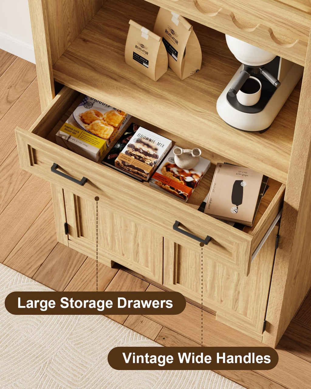 72' Tall Arched Kitchen Pantry, Modern Wood Kitchen Storage Cabinets with Large Drawer, 4 Door Shelves, Adjustable Shelves, and Wine Racks, Versatile Cupboard for Dining Room, Natrual Oak