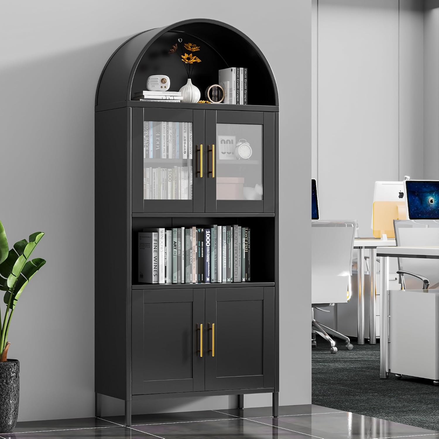 VEXPOR 73' Tall Arched Kitchen Pantry Cabinet with Doors, Metal Arched Hutch Cabinet for Kitchen, Dining Room, Living Room, Assembly Required, Black