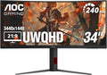 AOC CU34G4Z 34' Curved Ultrawide Gaming Monitor, UWQHD 3440 x1440 1500R 21:9, 240Hz 0.3ms MPRT, HDR 400, Display Port, HDMI, USB 3.2, AMD FreeSync Premium, Height Adjustable, 3-Year Zero-Bright-dot