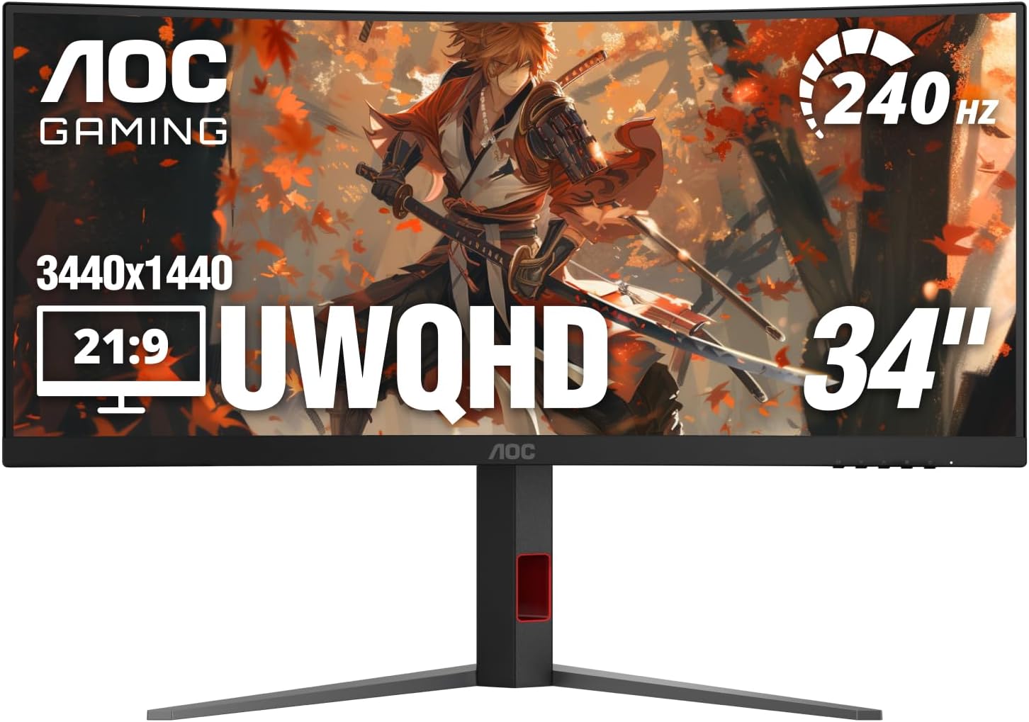 AOC CU34G4Z 34' Curved Ultrawide Gaming Monitor, UWQHD 3440 x1440 1500R 21:9, 240Hz 0.3ms MPRT, HDR 400, Display Port, HDMI, USB 3.2, AMD FreeSync Premium, Height Adjustable, 3-Year Zero-Bright-dot