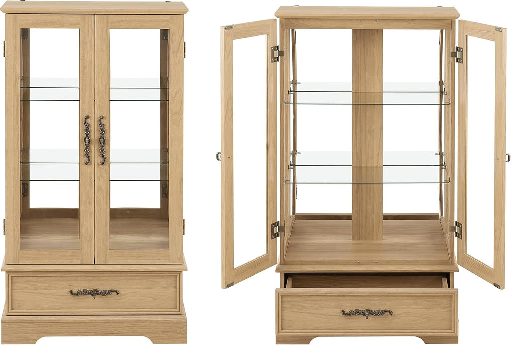 3-Tier Lighted Curio Display Cabinet, 47' H Glass Accent Storage Cabinet with Adjustable Glass Shelves & 1 Drawer, Wooden Wine Display Case with Mirrored Back Panel for Living Room (Oak)