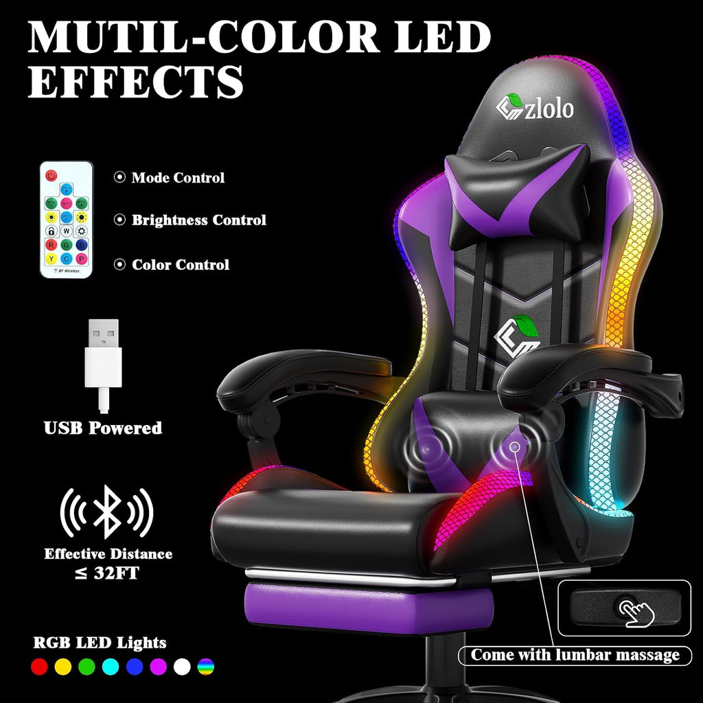 Czlolo RGB LED Lights Gaming Chair with Footrest for Adults and Kids, Lumbar Support Massager Video Game Chair, High Back Reclining Gamer Chair with Headrest, Swivel Office Computer Desk Chair(Purple)