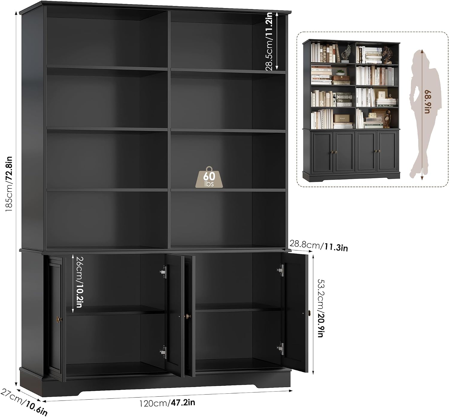 FINETONES 73' Black Bookshelf with Doors, 6 Tier Tall Bookshelf Double Wide Bookcases and Bookshelves with Storage, Large Display Cabinets for Home Office,Living Room, Library