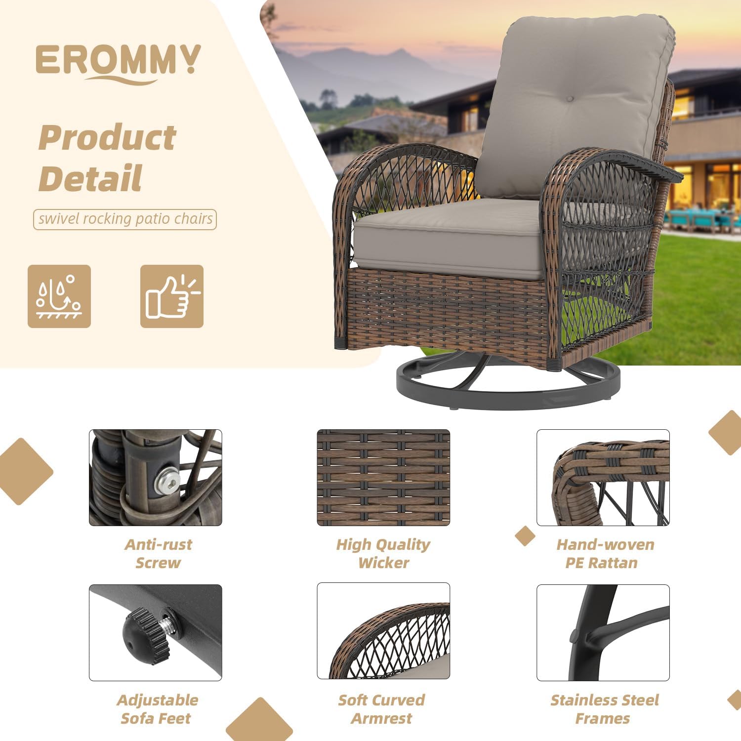 EROMMY 3 Pieces Patio Furniture Set, Outdoor Swivel Rocker Patio Chairs, Wicker Patio Bistro Set with Rocking Chair, Thickened Cushions and Glass Coffee Table for Backyard, Garden, Grey