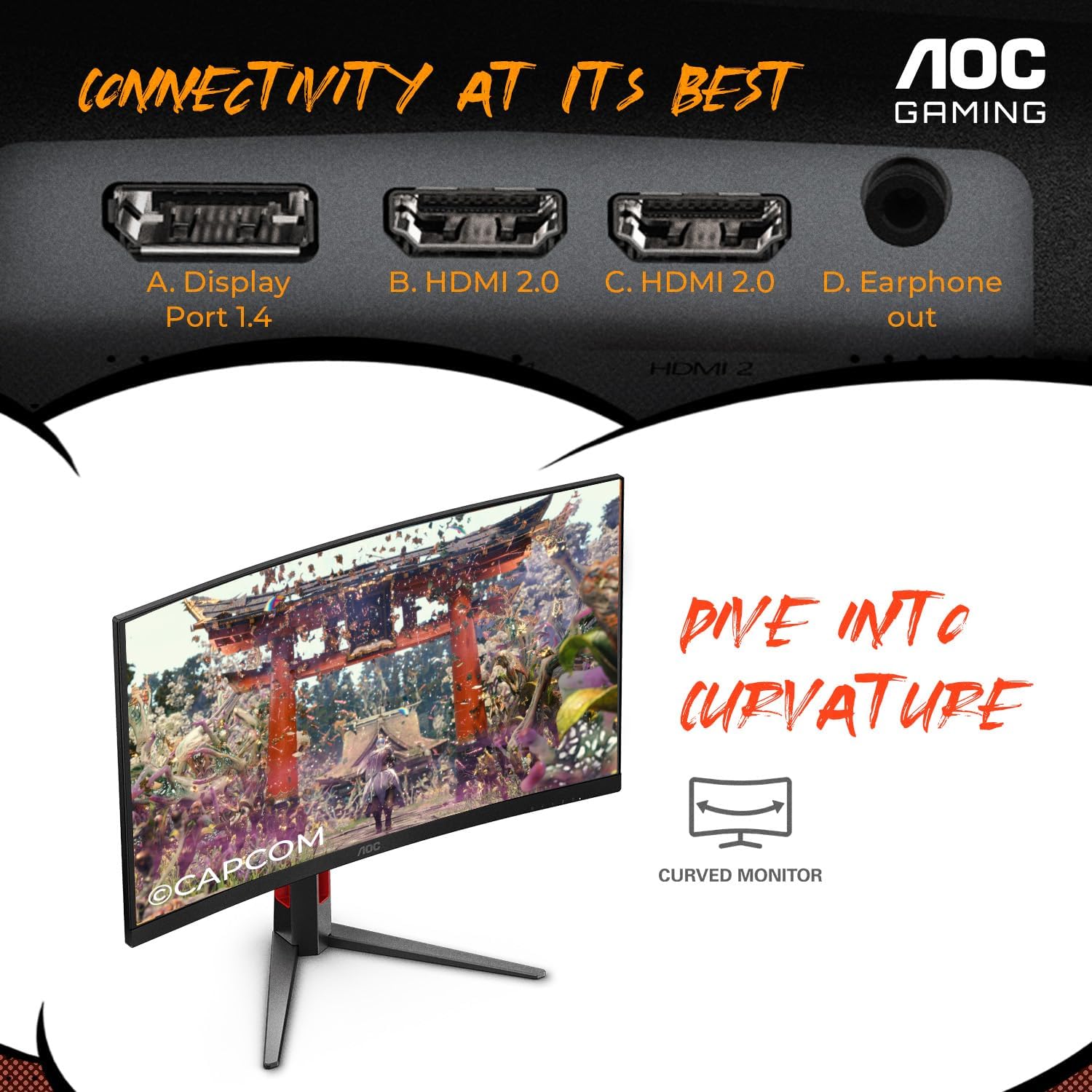 AOC 27' Curved Gaming Monitor, FHD 1080p, 280Hz (DP) 240Hz (HDMI), 0.3ms MPRT, VA Panel 1500R, AMD FreeSync Premium, HDR Ready, Height Adjustable, DisplayPort HDMI C27G4ZH