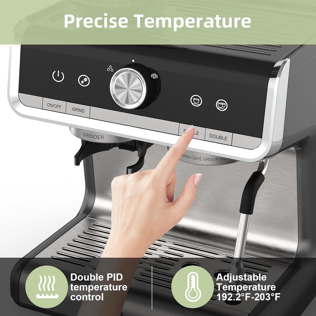 20 Bar Semi-Automatic Espresso Machine with Built-In Coffee Grinder and Milk Frother, Home Barista Coffee Maker for Cappuccino Latte Macchiato, Ideal Gift for Mom and Dad
