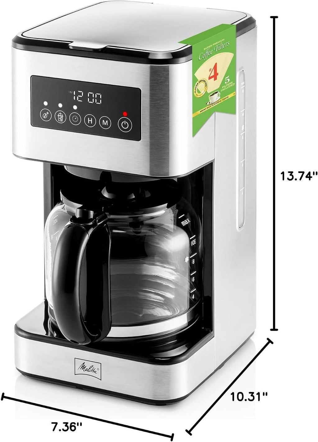 Melitta Aroma Series Programmable Drip Coffee Makers Parent (Aroma Tocco Plus Black and Stainless Steel 12 Cups) with 5-Pack Coffee Filters