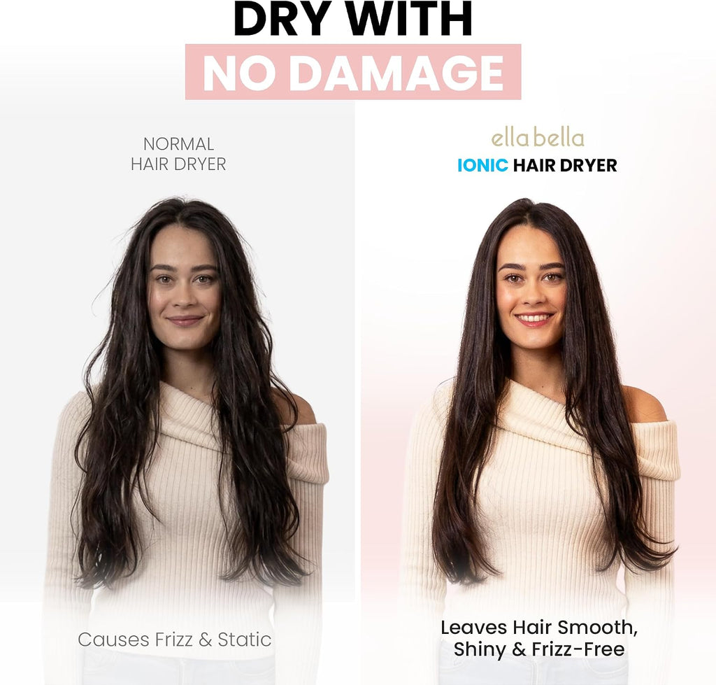 ELLA BELLA® Professional Ionic Hair Dryer with Diffuser • Negative Ion Blow Dryer • Suitable All Hair Types • Intelligent Heat Control & Rapid Drying Speeds • Lightweight Design • Low Noise Technology