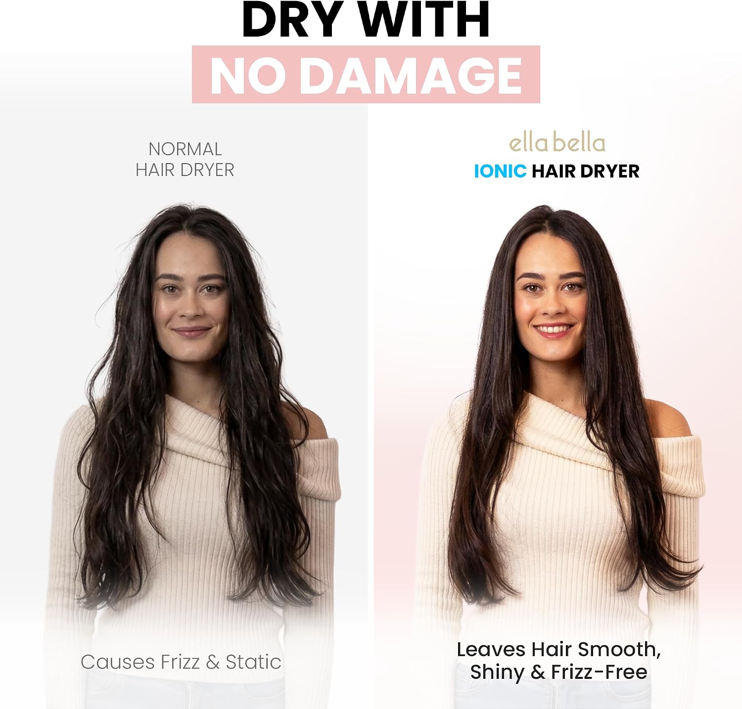 ELLA BELLA® Professional Ionic Hair Dryer with Diffuser • Negative Ion Blow Dryer • Suitable All Hair Types • Intelligent Heat Control & Rapid Drying Speeds • Lightweight Design • Low Noise Technology