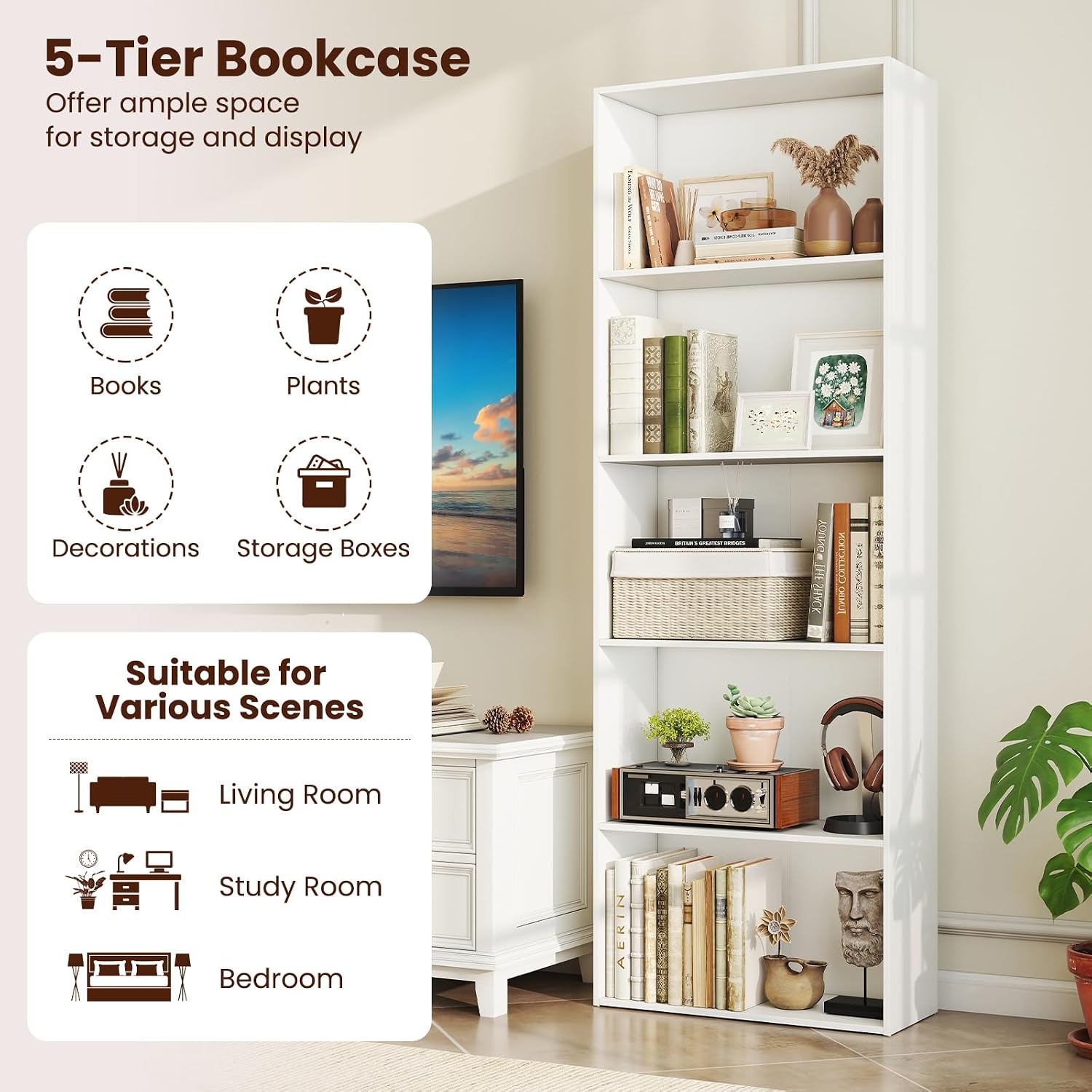Giantex 5-Tier Bookshelves Set of 2, Freestanding Tall Bookcase with 5 Open Compartments, Modern Storage Organizer, Display Shelving Unit for Living Room, Bedroom, White
