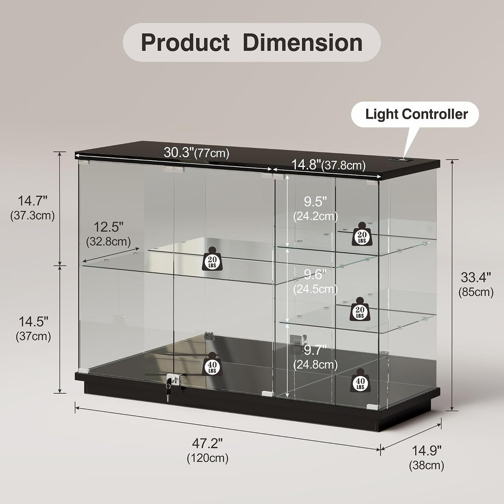 Lvifur High Gloss Display Cabinet - with Lock, Curio Cabinet with Human Body Sensor & Glass Shelves for Toys, Books, Collectibles, Liquor, Bookcase for Living Room, Kitchen, Study, Black