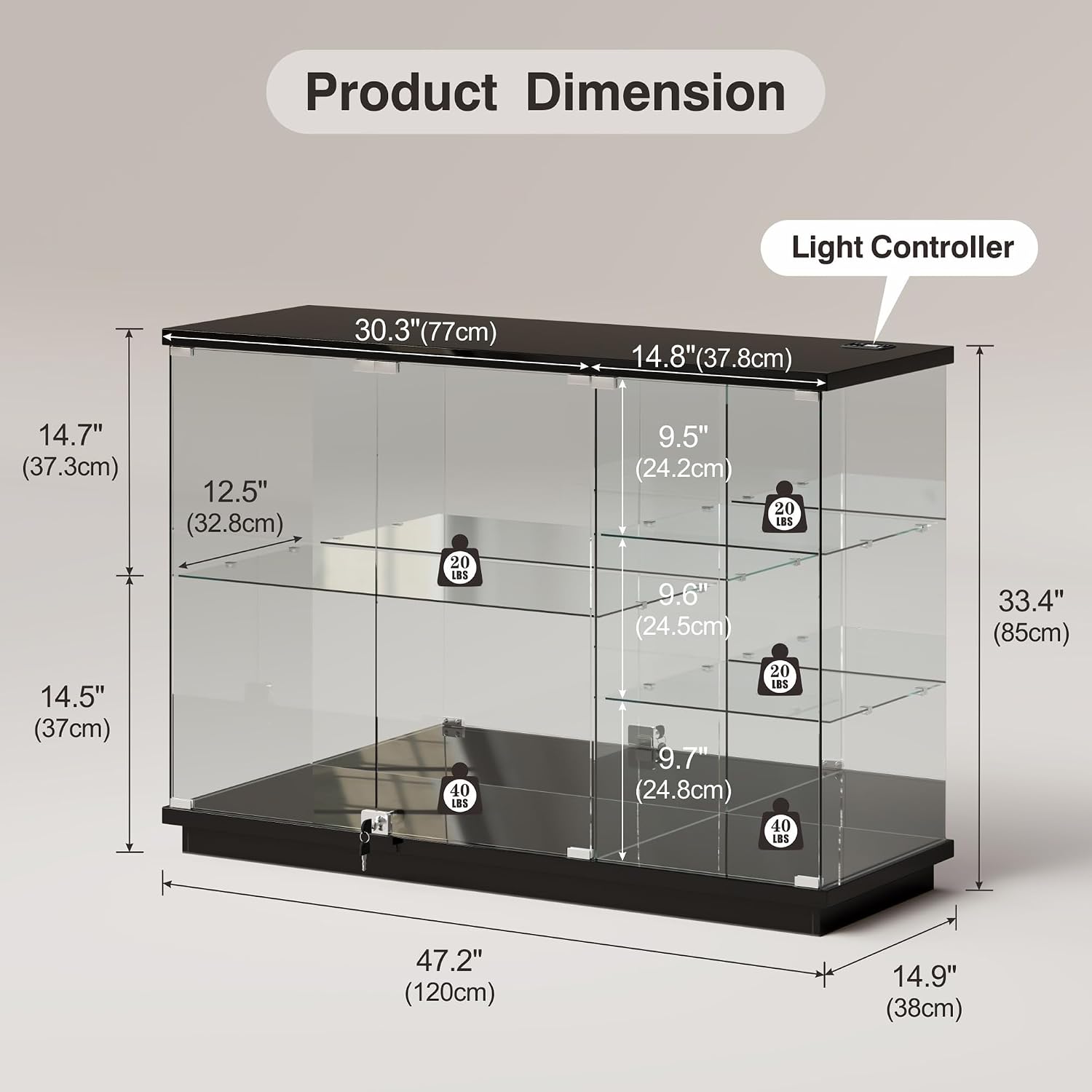 Lvifur High Gloss Display Cabinet - with Lock, Curio Cabinet with Human Body Sensor & Glass Shelves for Toys, Books, Collectibles, Liquor, Bookcase for Living Room, Kitchen, Study, Black