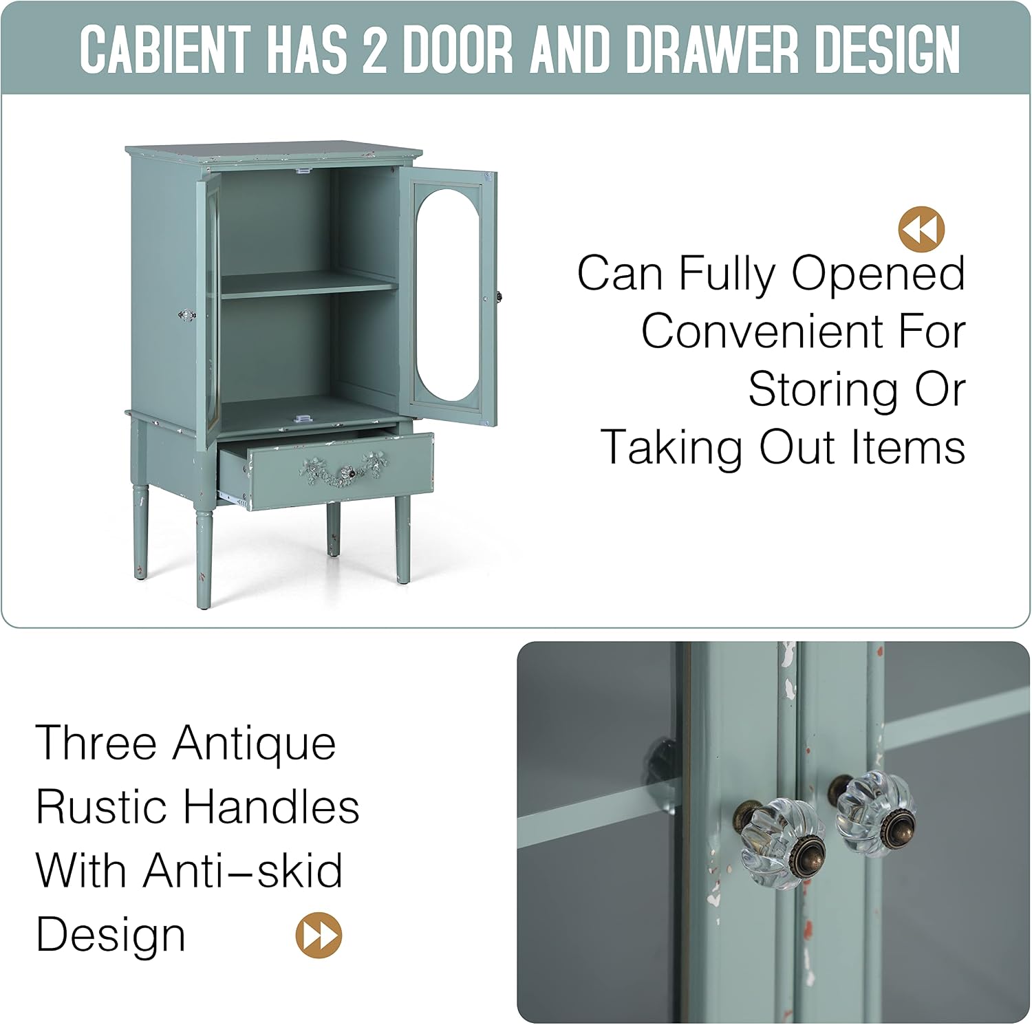 PHI VILLA Accent Cabinet with Glass Doors, Kitchen Storage Cabinet with Drawers, Display Cabinet for Living Room