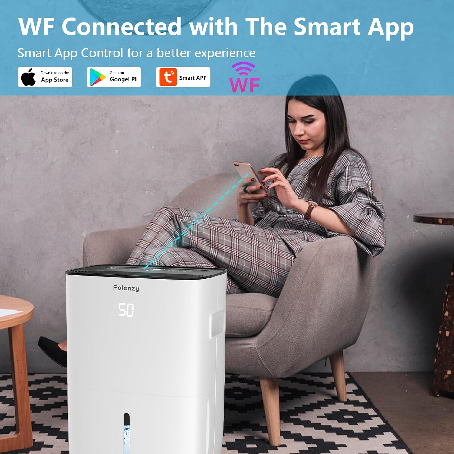 Smart Dehumidifier,Folanzy 80 Pints Dehumidifier for Basement Bedroom Home Garage and Large Room Spaces up to 5,200 Sq. Ft with Drain Hose and Water Tank