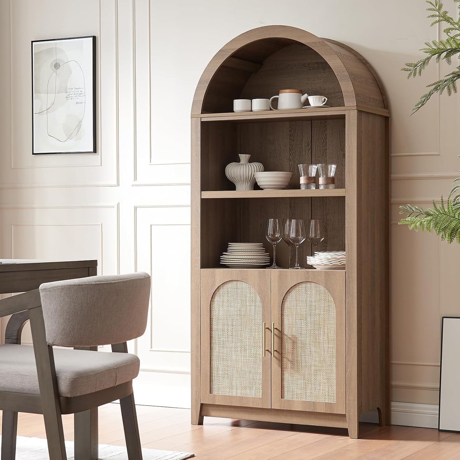 RowyPoey Rattan Arched Cabinet Bookshelf - 69.3' Tall Mid Century Display Cabinet, Rounded Bookcase with Rattan Doors, Open Shelf Storage for Dining Room (Caramel Oak, 1 PC)