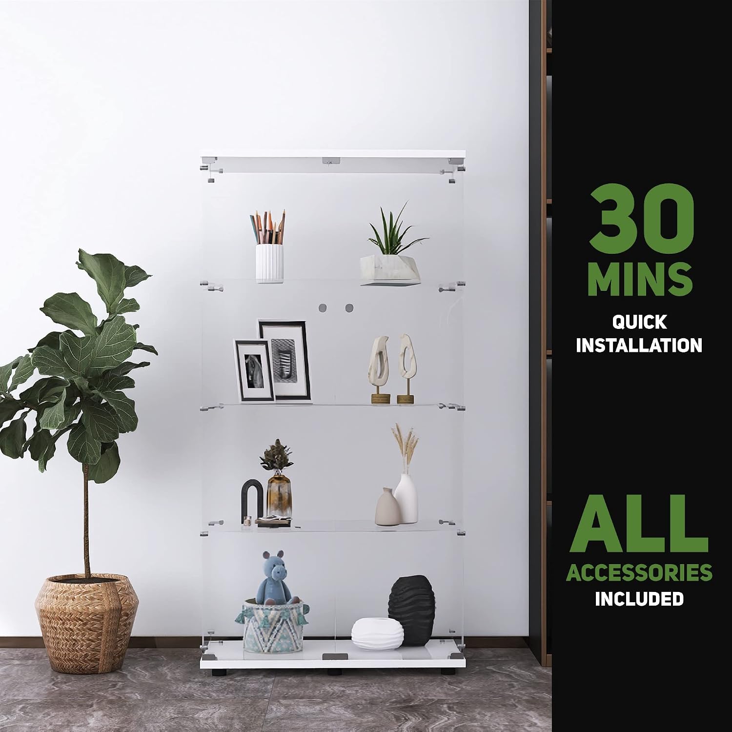 Beauty4U Glass Display Cabinet with 4 Shelves, 2 Doors Curio Cabinets for Living Room, Bedroom, Office, White Floor Standing Glass Bookshelf, Quick Installation