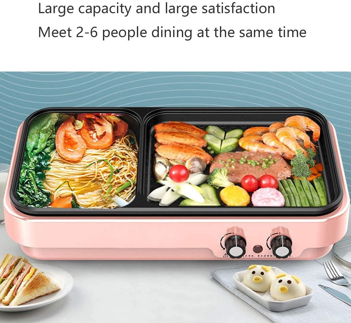 BBQ Smokeless Grill Electric Grill with Hot Pot 2 in 1 Indoor Korean BBQ Grill and Shabu Shabu Pot with Divider 2200W Separate Dual Temperature Control, BBQ Accessories Gift Set, Capacity for 2-8 Peop