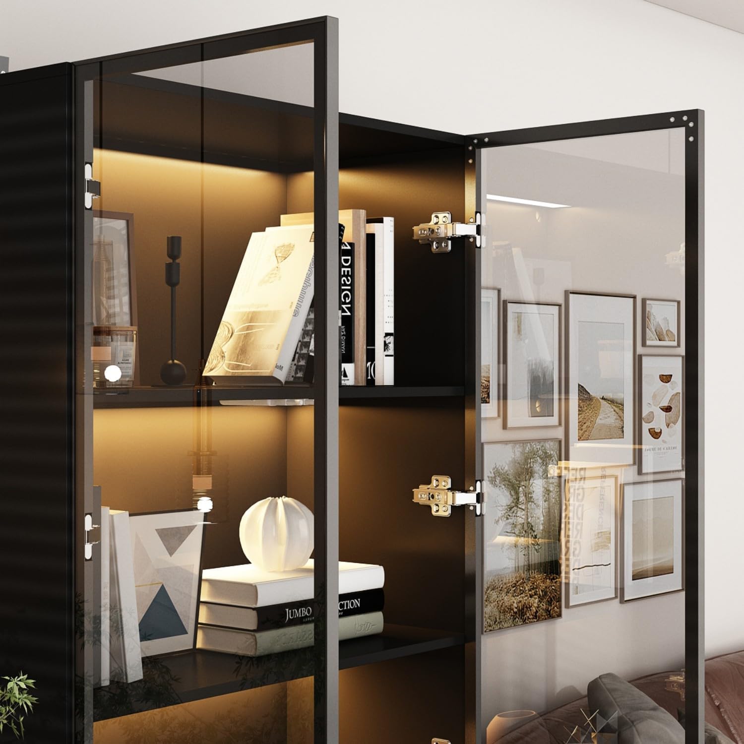 Display Cabinet with Lights, Glass Cabinet with Doors and 4 Tier Shelves, Bookcase Display Case for Collectible, Living Room Office, Black 31.5'W x 15.7'D x 63'H