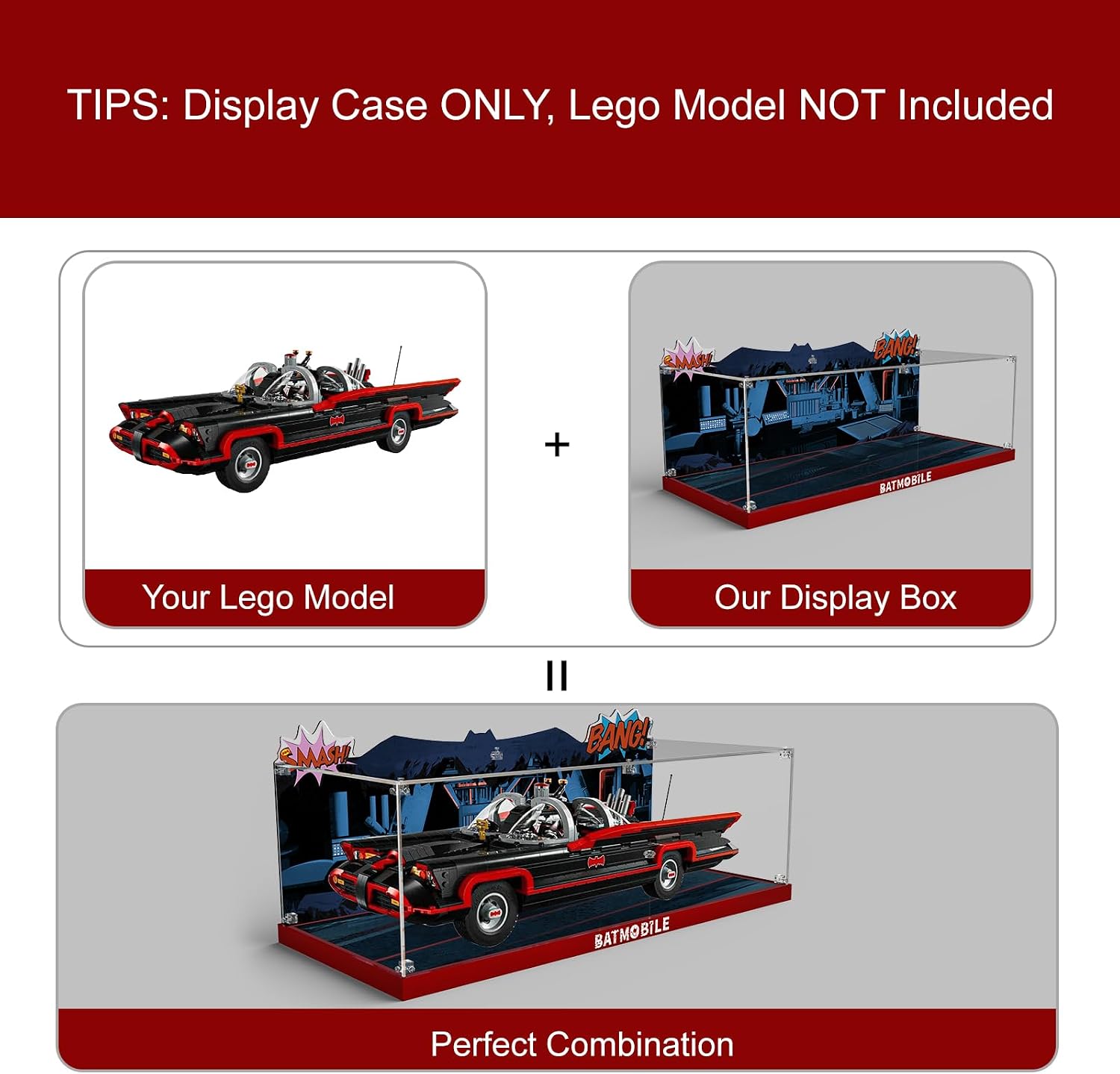 Acrylic Display Case for Lego DC Batman: The Classic TV Series Batmobile, Dustproof Display Box Compatible with Lego 76328 (ONLY Box, NOT Model) Clear Acrylic Plate with Base & HD Painted