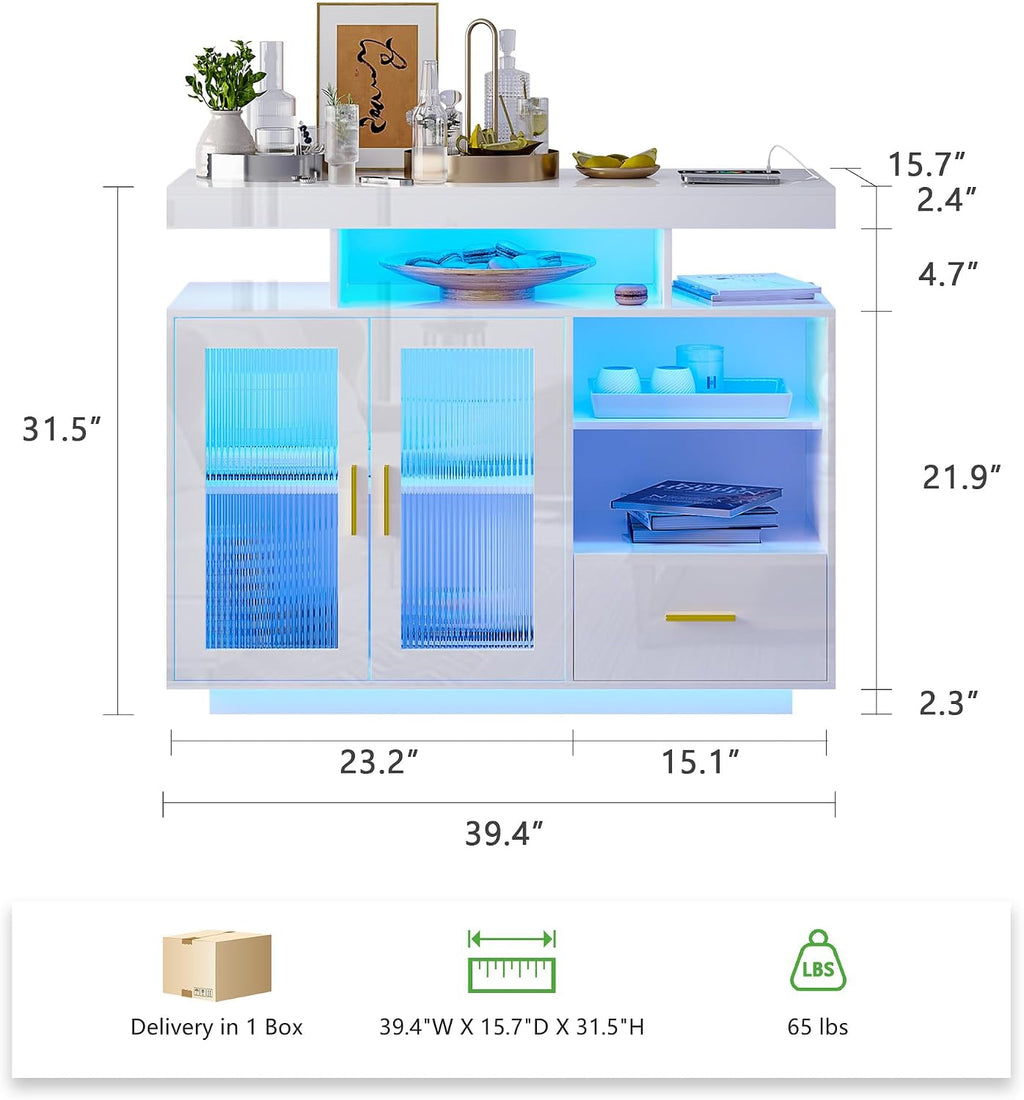HNEBC LED Sideboard Buffet Cabinet with Charging Station, Smart Bar Cabinet with Auto RGB Lighted, High Gloss Coffee Bar with Drawer/Hutch for Living Room, Dining Room, Home Storager(White)