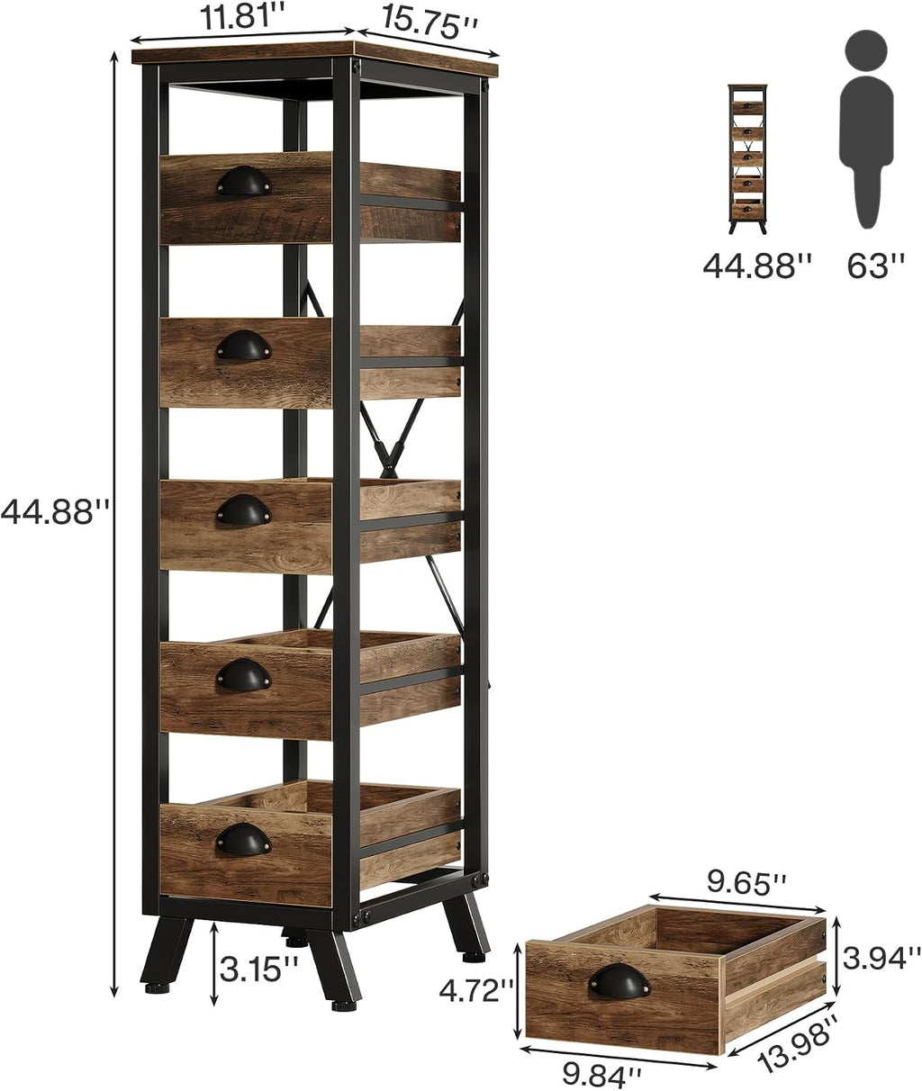 Tribesigns Wood Fruit and Vegetable Storage Rack Set of 2, 5-Tier Narrow Snack Stand Kitchen Stand Fruit Basket, Pull-Out Utility Organizer for Kitchen, Living Room, Rustic Brown