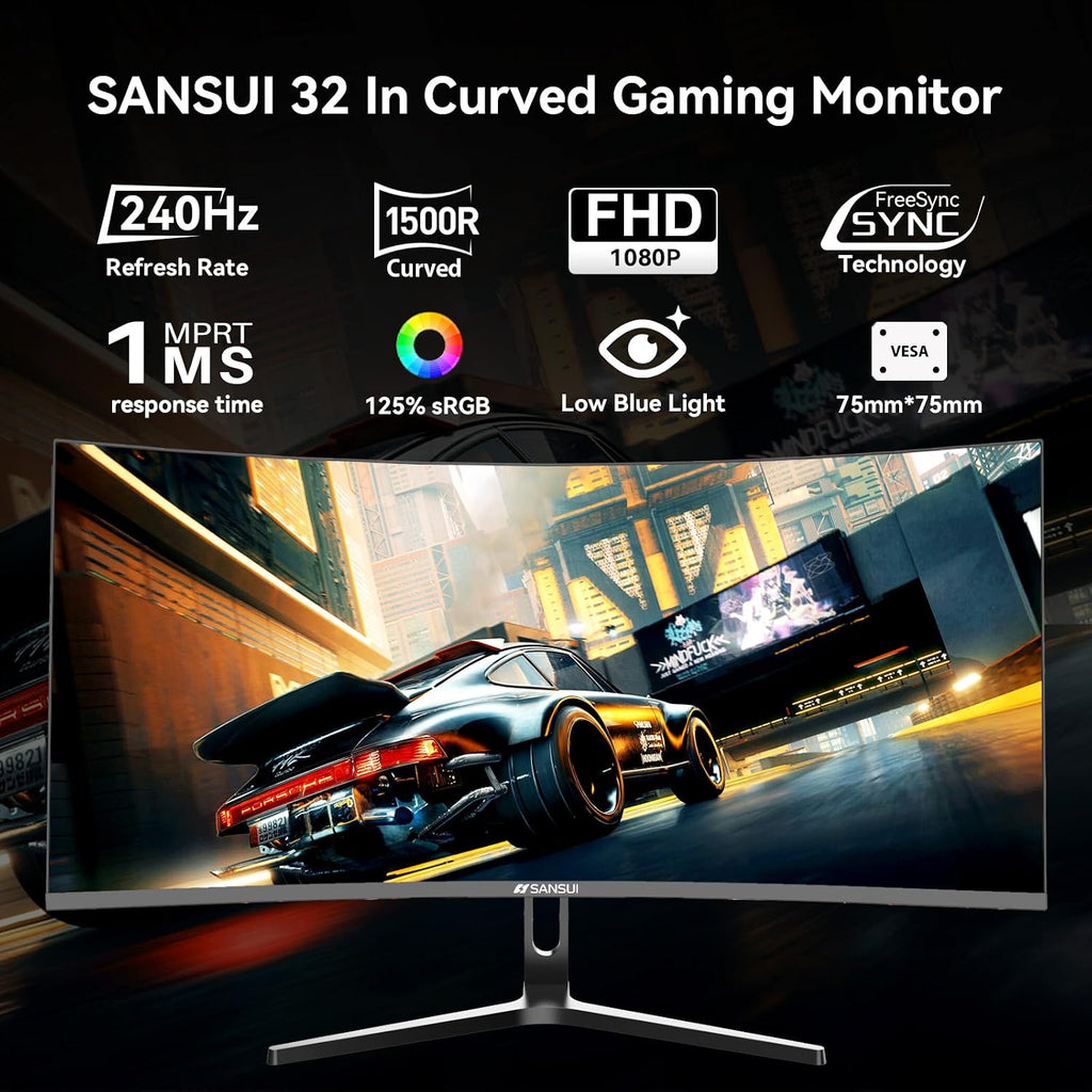 SANSUI 32 Inch Curved 240Hz Gaming Monitor High Refresh Rate, FHD 1080P Gaming PC Monitor HDMI DP1.4, Curved 1500R, 1Ms MPRT, HDR,Metal Stand,VESA Compatible(DP Cable Incl.)