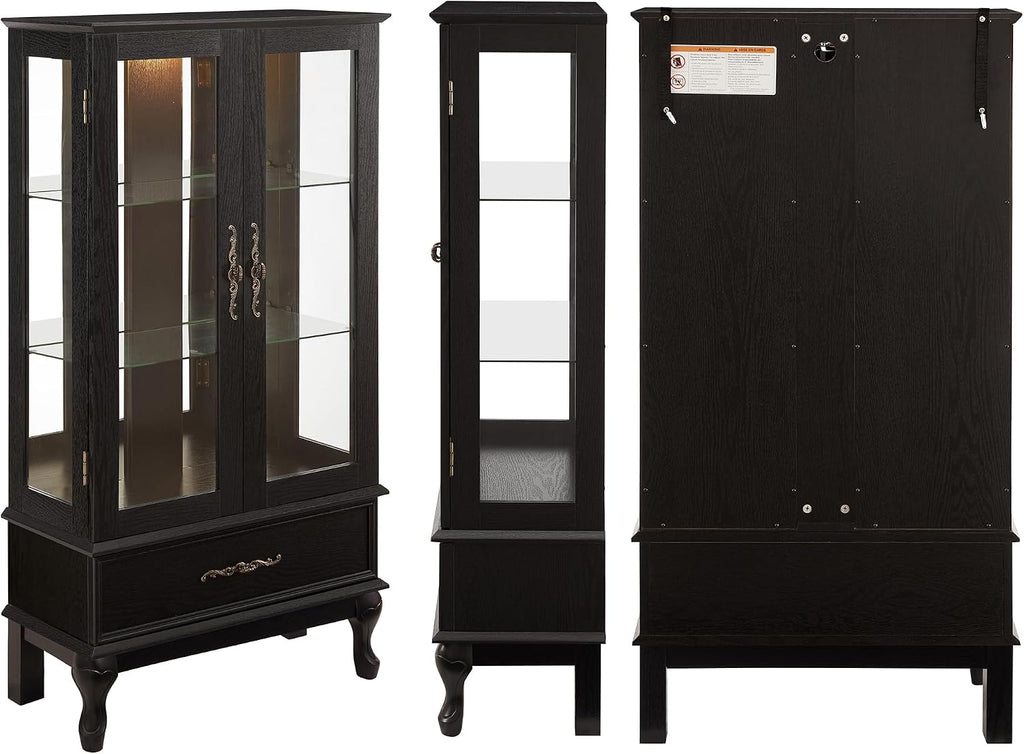 51' H Lighted Glass Curio Display Cabinet with 2 Doors & 1 Drawer, Wooden Glass Curio Showcase w/Adjustable Shelves & Mirrored Back Panel, Storage Cabinet Display Case for Living Room (Black)