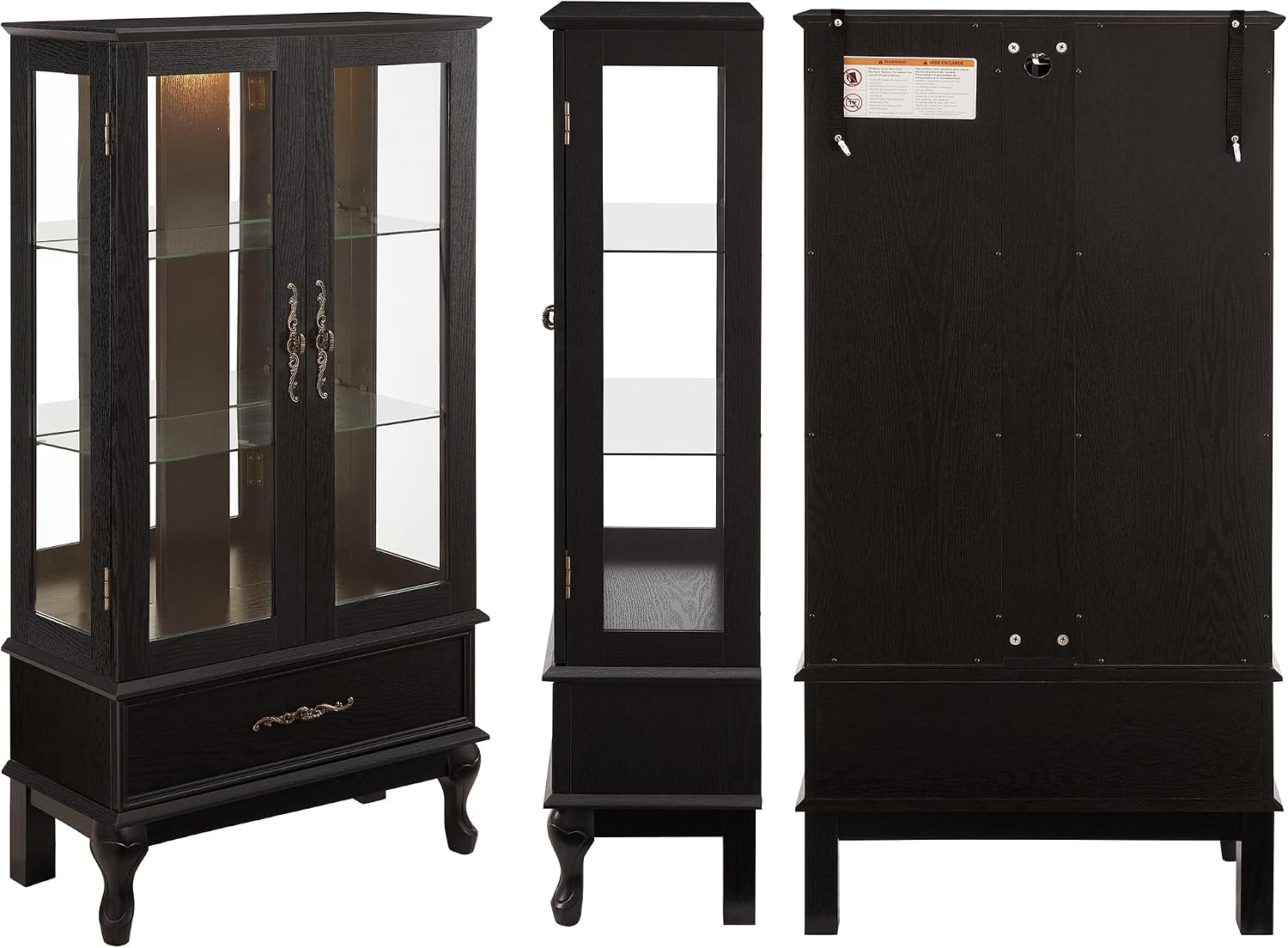 51' H Lighted Glass Curio Display Cabinet with 2 Doors & 1 Drawer, Wooden Glass Curio Showcase w/Adjustable Shelves & Mirrored Back Panel, Storage Cabinet Display Case for Living Room (Black)