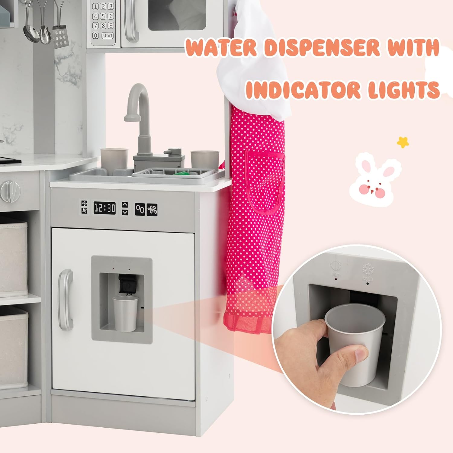 INFANS Kids Kitchen Playset with Real Running Water, Ultimate Wooden Corner Pretend Cooking Set with Simulation Light Sound Stove Storage Cabinet, Play Toy Gift