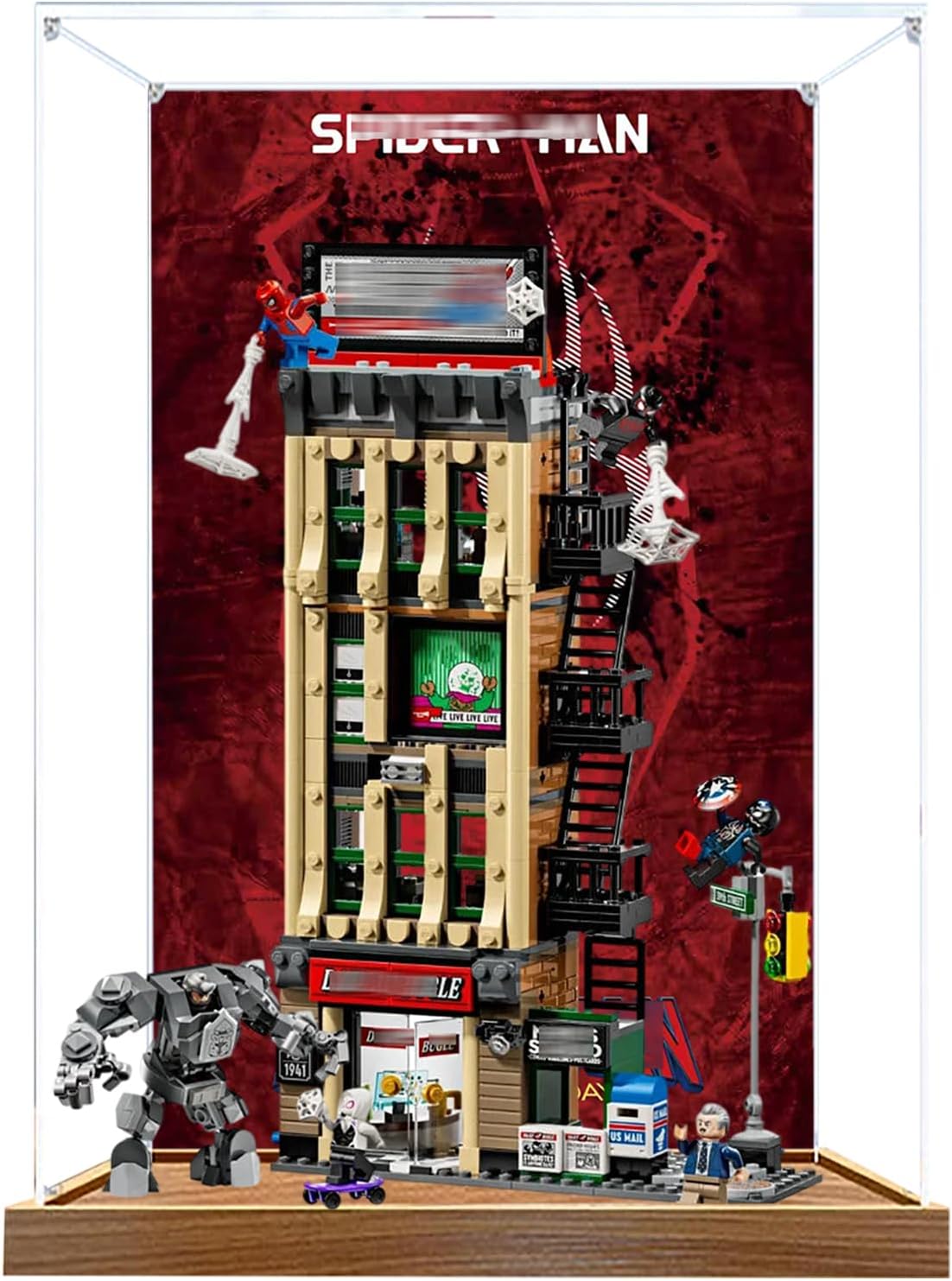 Acrylic Display Case for Lego 76342 The Daily Bugle Model, 3mm Dustproof Display Box, Display Case Compatible with Lego 76342(Model Not Included) (Background 3MM Wood Base A)