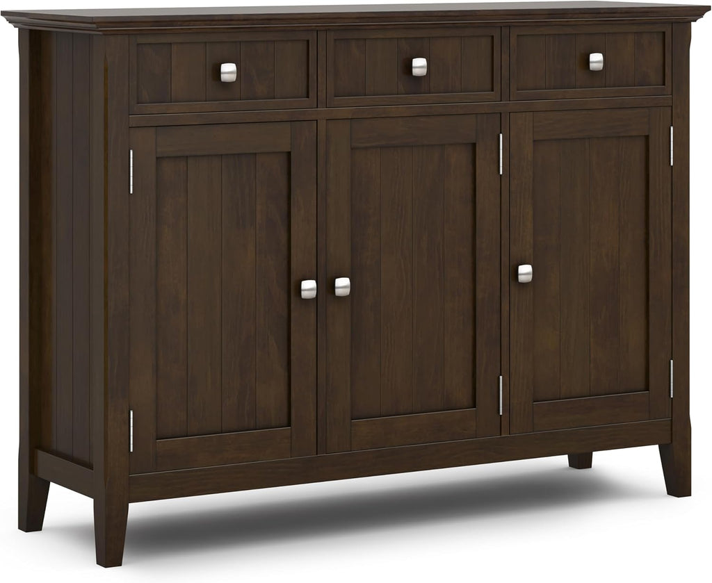 SIMPLIHOME Acadian Storage Cabinet - 51 inch Wide Solid Wood Entryway Storage Cabinet in Brunette Brown, Transitional Cabinet for Hallway or Living Room with 3 Drawers and Adjustable Shelves