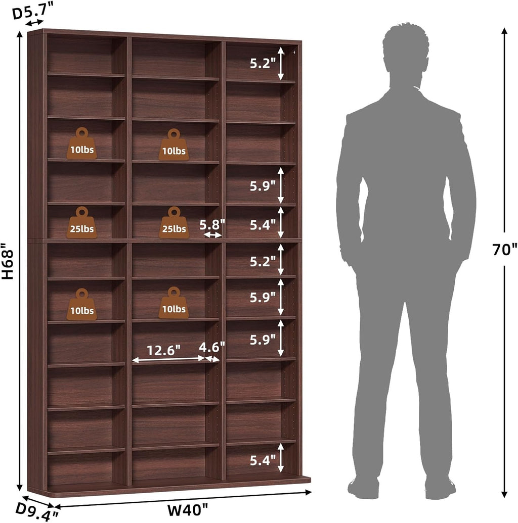 11 Tier Tall Display Cabinet, Walnut Media Storage Cabinet with Adjustable Shelves, Free Standing DVD Organizer Shelf, Floor multimedia storage manga bookshelf for Living Room & Home Office.