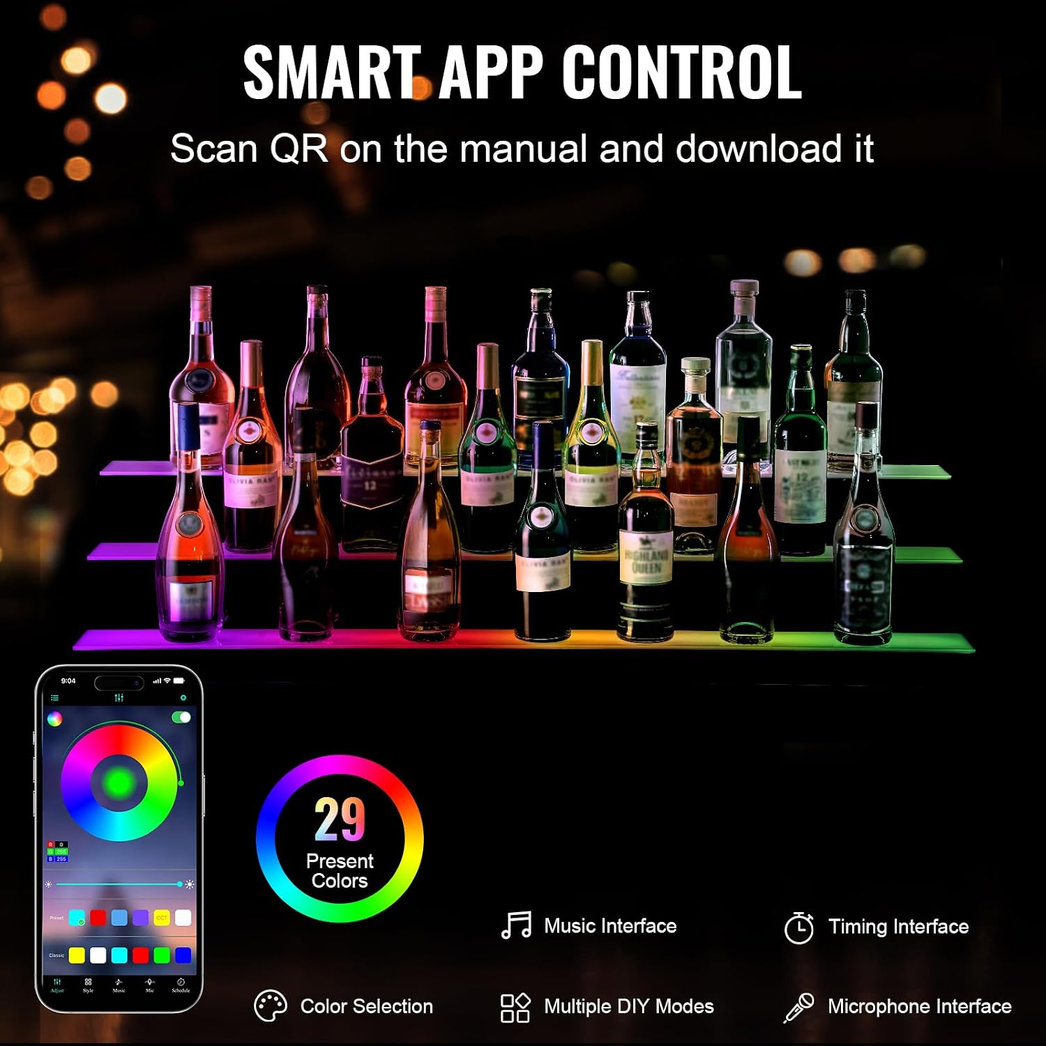 VEVOR LED Lighted Liquor Bottle Display, 3 Tiers 48 Inch Commercial Illuminated Home Bar Shelf, 3 Steps Whiskey Rack Stand, Acrylic Drink Shelves with RF Remote & App Control, and Multicolor Light