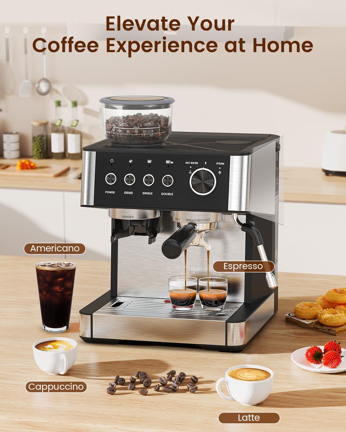 Electactic(2026 Upgrade Espresso Machine with Grinder, Expresso Coffee Machines with Built-in Anti-Clog Coffee Grinder/Milk Steam Wand, Expresso Machines for Home Perfect Cappuccino Latte-Satin Black