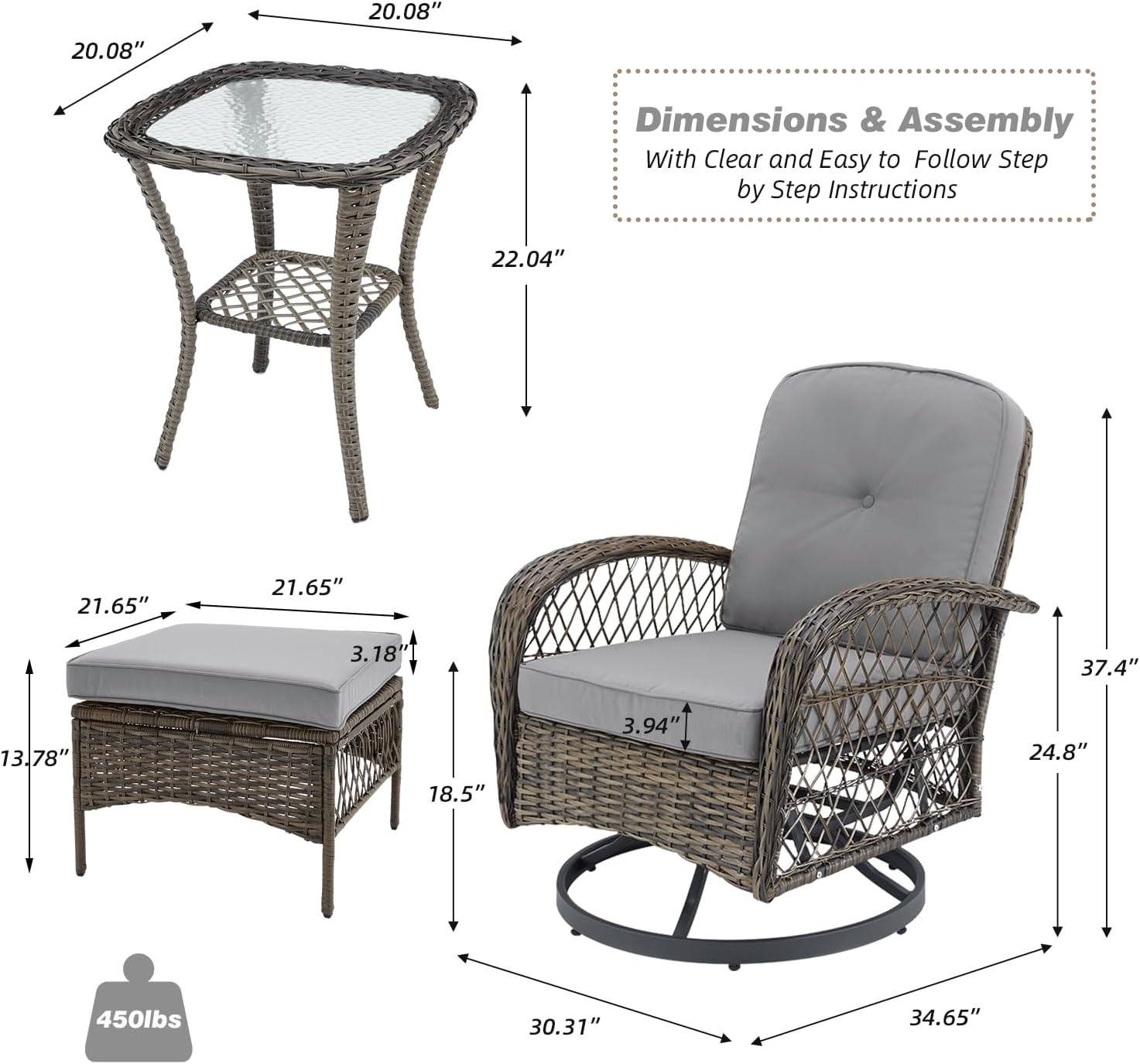 EROMMY 5 Pieces Outdoor Swivel Rocker Patio Chairs, 360 Degree Rocking Patio Conversation Set with Thickened Cushions, Glass Coffee Table and Ottomans for Backyard, Gray
