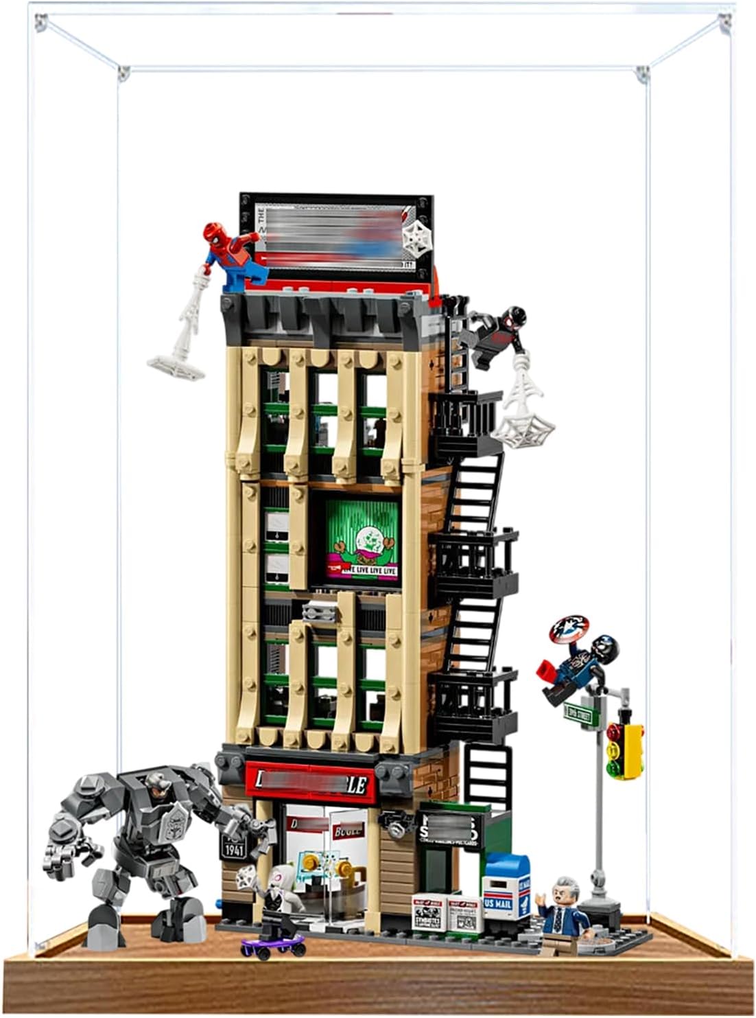 Acrylic Display Case for Lego 76342 The Daily Bugle Model, 3mm Dustproof Display Box, Display Case Compatible with Lego 76342(Model Not Included) (Wood Base 3MM)
