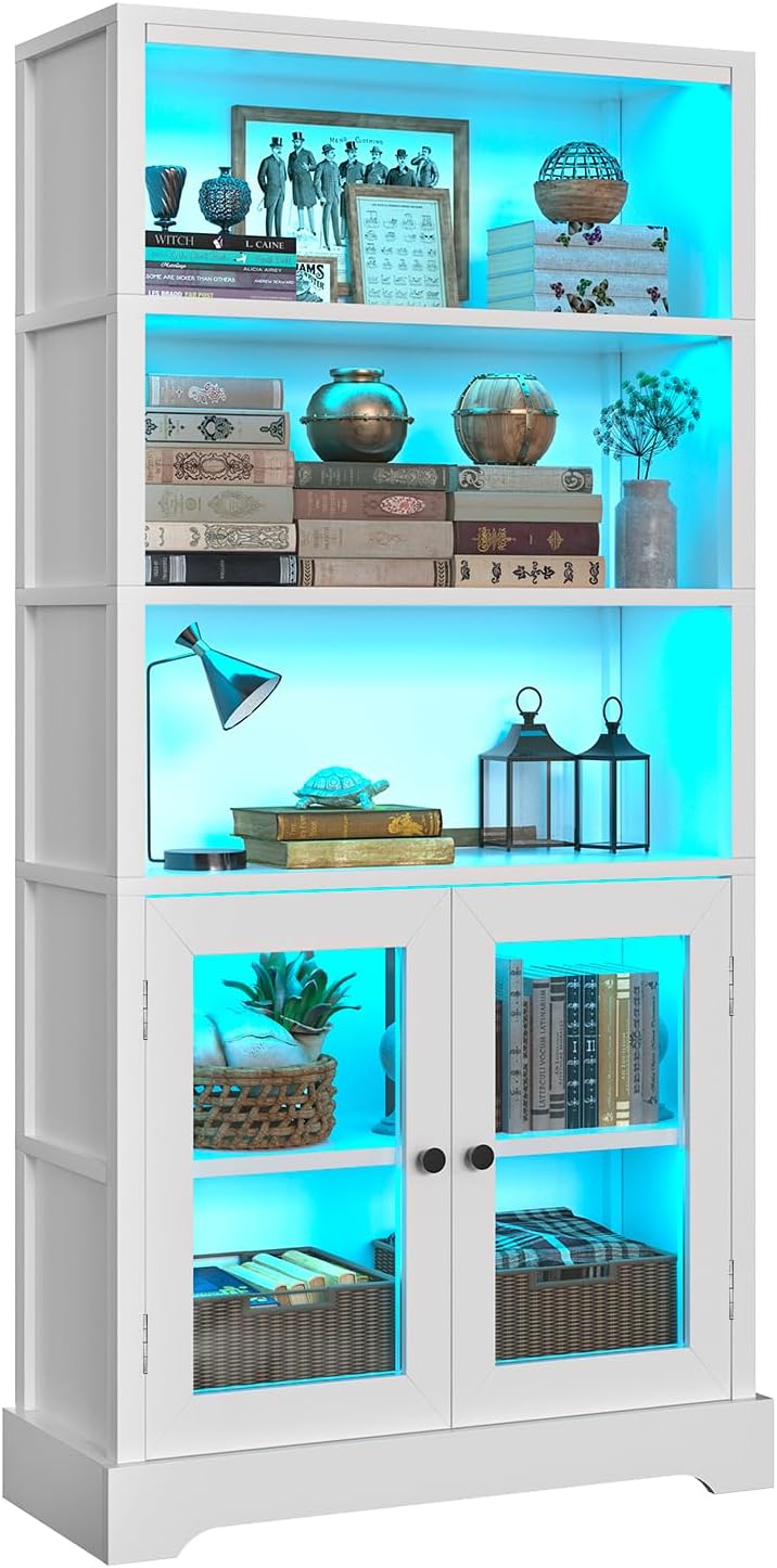TVU 5-Tier Bookshelf, 65' Bookshelf with Multi-Color Ambient Lights (APP Remote Control), Tall Vertical Display Shelf with Cabinet Doors, Suitable for Living Room, Bedroom, Study, Office, White