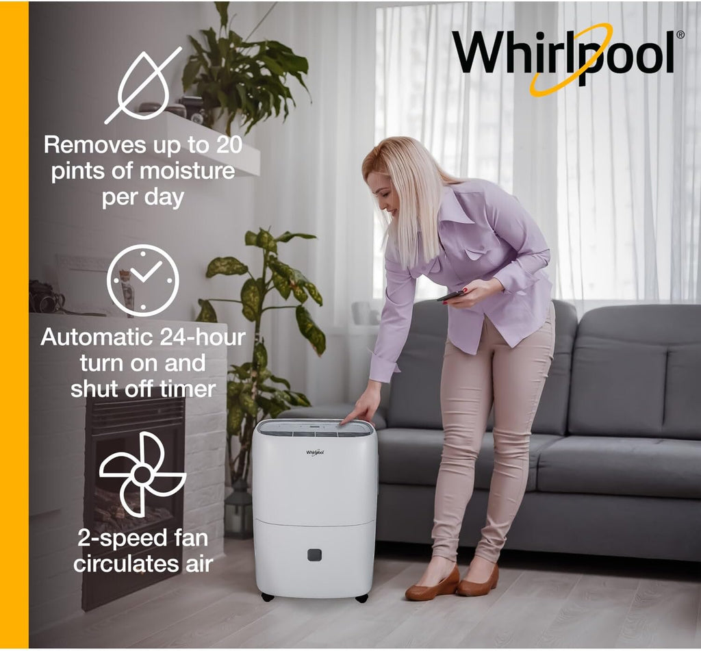 Whirlpool 20-Pint Portable Dehumidifier with Auto-Shutoff & Timer, Home Dehumidifier and Moisture Absorber For Basement, Garage, Living Room in White