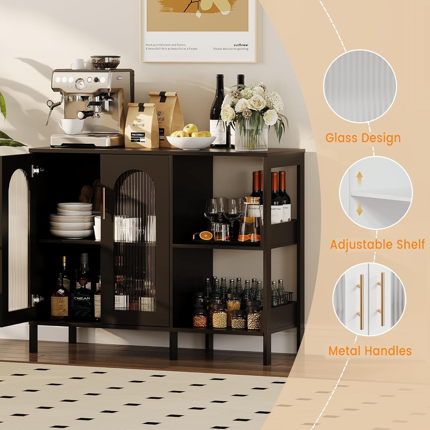 GarveeLife Modern Black Sideboard with Glass Doors, Featuring Adjustable Interior Shelves and Sleek Metal Handles, Versatile Storage Cabinet for Dining Room or Kitchen Display