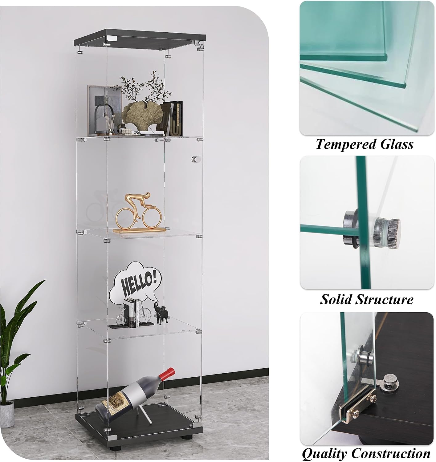 Glass Display Cabinet 4-Shelf with Door and Lock,Curio Cabinets Upgraded Quick-Install Storage Cabinet,Glass Floor Standing Bookshelf for Bedroom,Living Room,Office 16.7'Wx14.4'Dx64'H (Black)